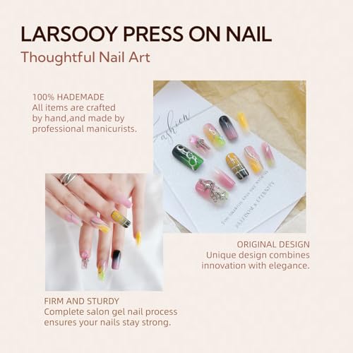 Handmade Press on Nails - Middle Long Square | Multicolored Stripes | Reusable False Nails 10 Pcs (Overturned Palette, L)