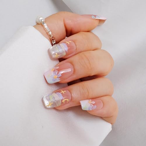 [GLORS] Purly Handmade Medium Ballerina Press on Nails | Oil Painting Style Flower in White and Nude French Tip Nails, 10 Pieces (Medium, MB)