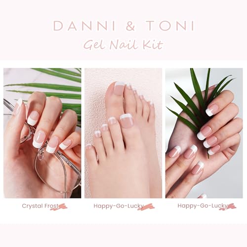 DANNI & TONI Gel Nail Kit Semi-Cured Gel Nail Strips Classic French Mani-Pedi Kit (3 Sets with UV Lamp Included)|Happy-Go-Lucky(Mani/Pedi)+Crystal Frost