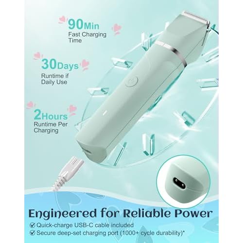Bikini Trimmer Women,Electric Razor for Pubic Hair Women's Foil Shaver Rechargeable Shaver Removal with Snap-in Ceramic Blades,IP7X Waterproof,Wet and Dry Use,Green