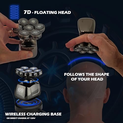 Head Shavers for Bald Men, 7D Stainless Steel Blades & Wireless Charging Base, Waterproof Skull Shaver with Digital Display, Powerful Motor, Wet & Dry Kit for Men, Flex Series.