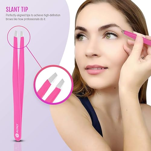 Tweezers Set - Professional Stainless Steel 5-Piece Precision Tweezer for Men & Women - Great for Facial Hair Removal, Eyebrow Shaping, Splinters & Ingrown (Pink)