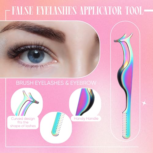 Baderke 5 Pcs Lash Applicator Tool Set Lash Tweezers for DIY Individual Lash Clusters Application and Removal Straight and Curved Eyelash Extension Tweezers with Storage Box and Eyebrush(Colorful)