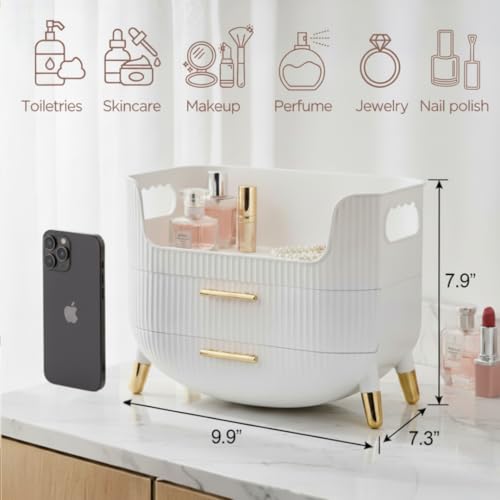 Makeup Organizer with Drawers, Skincare Storage Box for Vanity, Multiple Compartments, Portable Cosmetic Display Case with Handle, Large Make up Organizers for Dresser, Bathroom, Bedroom, Pink