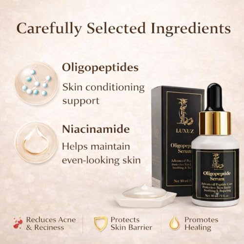 LUXUZ Oligopeptide Facial Serum for Acne Removal, Dark Spot Corrector & Skin Repair ? Post Acne Marks Fading, Glass Skin Brightening Serum with Peptides & Niacinamide ? Non-Comedogenic, 1.0 fl oz