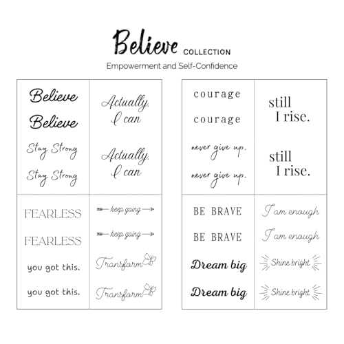 One Grace Believe Collection - Inspirational and Motivational Words Small Temporary Tattoos - Realistic Long Lasting Waterproof Black Mini Tattoos for Women and Men