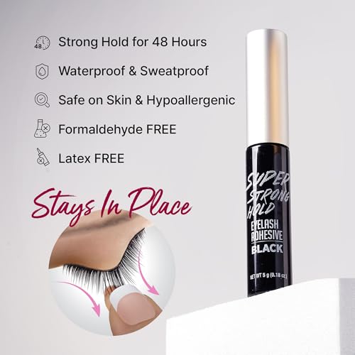 i?ENVY Super Strong Hold Eyelash Adhesive, Waterproof, 48-Hour Long-Lasting Lash Glue, Latex-Free, Hypoallergenic, Quick-Drying with Brush-On Applicator for Strip Lashes (Black, 6 Pack)