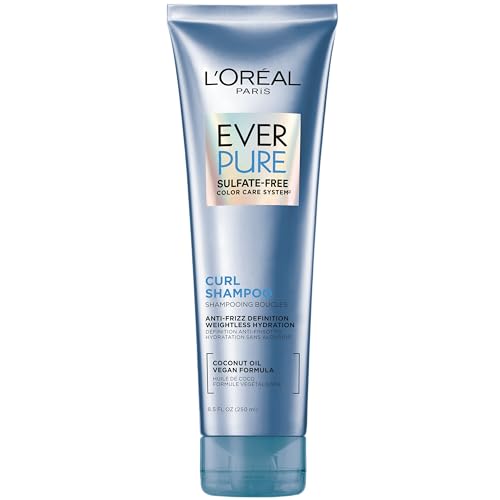 L'Oreal Paris Sulfate Free Shampoo for Curly Hair, Lightweight, Anti-Frizz Hair Care with Coconut Oil, EverPure, 8.5 Fl Oz (Packaging May Vary)