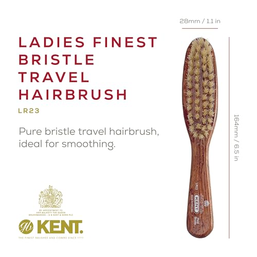 Kent LR23 Finest Ladies Narrow Style, Danta Wood, Pure White Bristle Hair Brush - Short to Medium Length Hair, Handbag Sized, Made in England