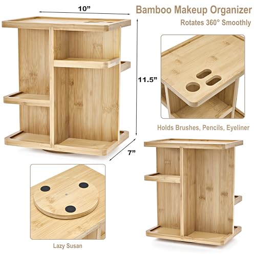 Sorbus 360¡Æ Makeup Organizer - Bamboo Wood Make Up Storage Carousel for Cosmetics, Skin Care Rotating Makeup Organizer for Vanity, Bathroom Storage