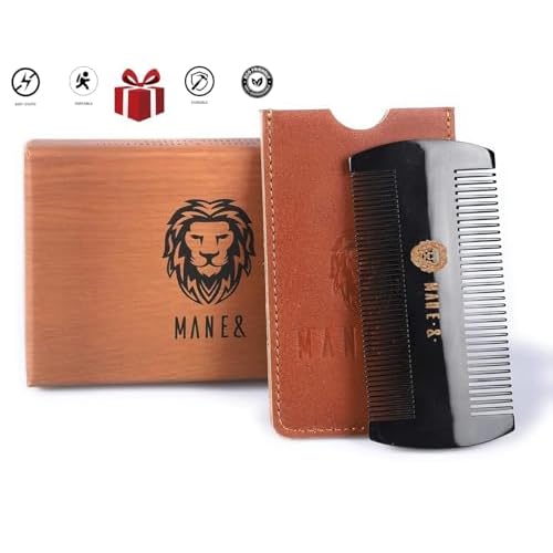 Premium 100% Oxhorn Dual-Action Beard Comb with Genuine Leather Case ? the Perfect Beard Grooming Gift for Men by Man & Mane.