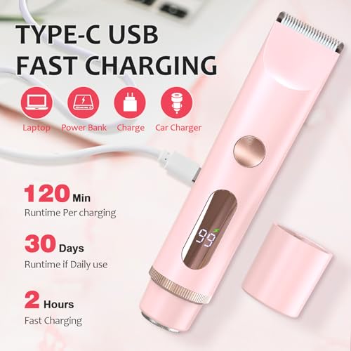 Bikini Trimmer for Women, 2 in 1 Dermave Bikini Shaver with LED Display, Electric Razors for Women, IPX7 Waterproof Wet Dry Use Body Hair Trimmer for Ladies Pubic, Legs, Face, Underarms (Pink)