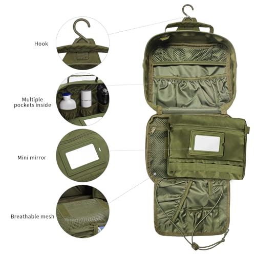 Tactical Toiletry Bag for Men, Travel Hanging Toiletry Bags, Toiletries Organizer Dopp Kit, Travel Cosmetic Bag,Shaving Hygiene Bag, Bathroom Essentials Men's Toiletry Bag for Camping - Army Green