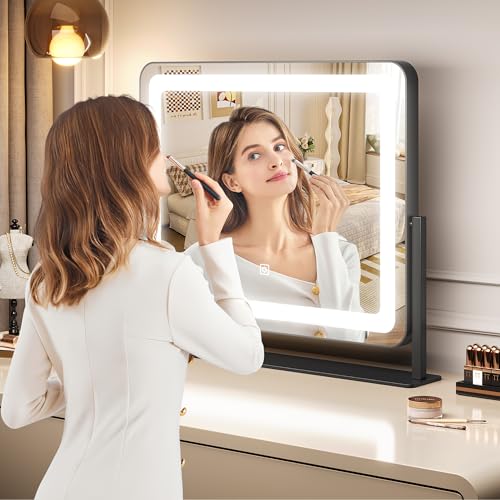 19.6 in x15.7 in Vanity Mirror with Lights, Large Lighted Mirror, LED Makeup Mirror with 3-Color Dimmable Modes and Smart Touch Control, Perfect for Desk or Bedroom, Vanity Desk Tabletop Makeup, White