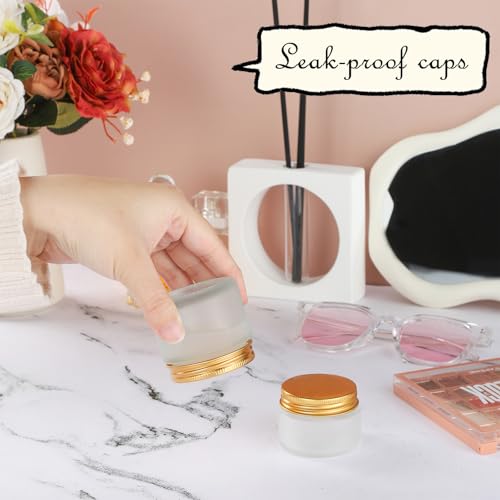 24 pack Small Clear Frosted Glass Cosmetic jars with Golden Metal Lids 2oz Bulk for Sample Lotion Cream Travel Jar Cosmetic Container