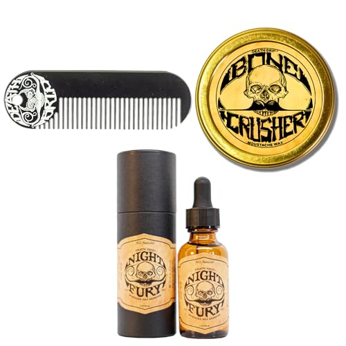 THE VINTAGE GROOMING CO. Bone Crusher Extra Strong Extra Firm Mustache Wax, Night Fury Wax Remover Oil, and Comb Set