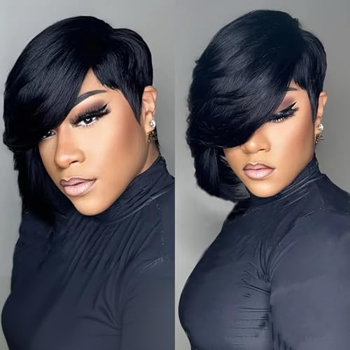 Chic Elegent Pixie Cut Human Hair Wigs for Women Short Layered Pixie Cut Straight Human Hair Wigs With Bangs Natural Black Color Glueless Brazilian Virgin Straight Human Hair Wig (1b)