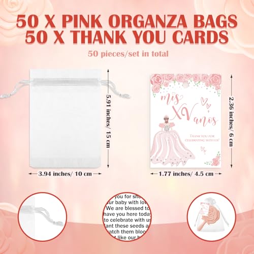 Sintuff 50 Sets Quincea?era Party Favors for Guests, 50 Pack Rose Compact Mirrors Bulk with Thank You Cards & Organza Bags, Souvenirs for Girls