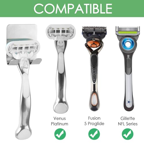 Linkidea 2 Pack Wall Mount Razor Holder for Shower, Self Adhesive Shaver Hooks, Stainless Steel Sticky Hanger Compatible Gillette with Venus Platinum, Fusion 5 Proshield, Mach 3 Classic (Silver)