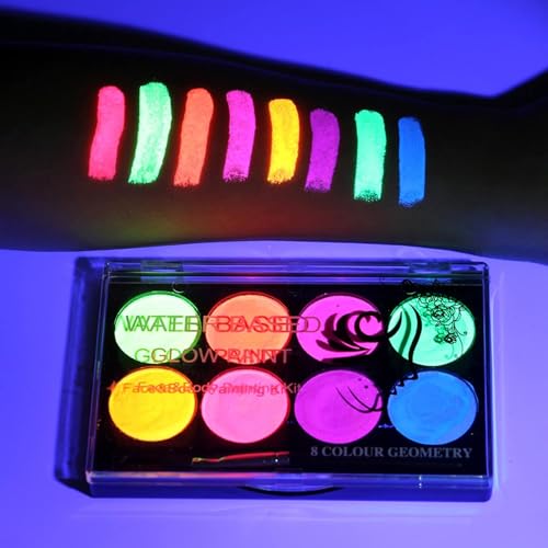 8 Neon UV-Active Makeup Palette, Glow-in-The-Dark Blacklight Body Art, Water-Based Fluorescent Face & Body Color Kit, Water-Activated Eyeliner, Washable for Adults Halloween Masquerade Club Parties