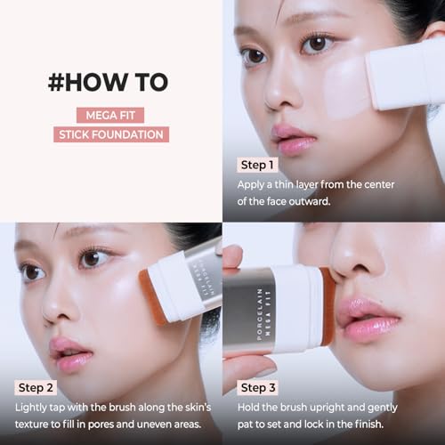 Mega Fit Stick Foundation with Built-in Brush-Full Coverage Creamy Formula for Porcelain Skin Finish, Hydrating&Long Lasting, Master Porcelain, Shade 23, 0.56 oz (02W Honey Beige)