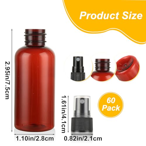 60PCS 1 oz Amber Spray Bottles for Essential Oils Small Plastic Spray Bottle with Funnel & Stickers Refillable 1oz Empty Mini Mister Spray Bottle for Travel Cleaning Beauty
