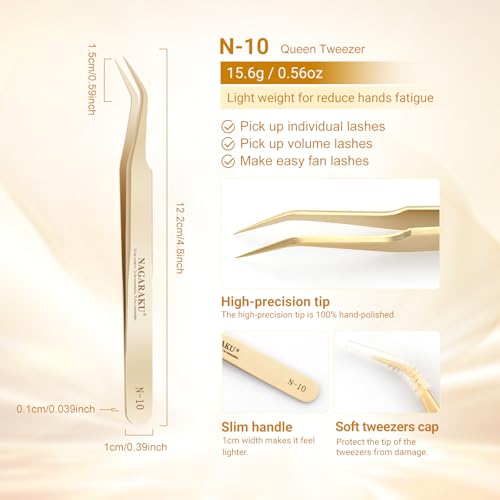 NAGARAKU Tweezers for Eyelash Extensions Curved Lash Tweezers for Volume Lashes Precision Pinzas Professional Easy Fanning Stainless Steel Precise Pointy Make Fans for Lashes Fanning(N-10)