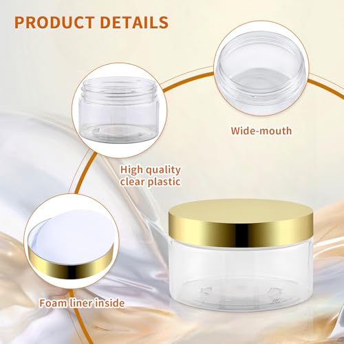 36 Pack 2 Oz Plastic Containers with Gold Lids,Small Clear Empty BPA Free and Refillable Cosmetic Jars Travel Containers for Creams, Lotion, Bath Salts, Sugar Scrub, Slime, Lip Scrub, Makeup