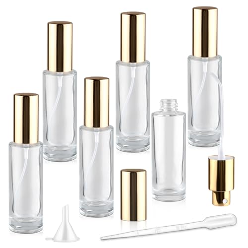 6 Pcs 30ml/1oz Glass Spray Bottle Refillable Perfume Bottles with Atomizer & Golden Lid for Perfume Cleaning Products Essential Oils