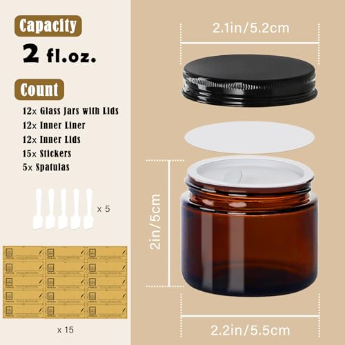2 oz Glass Jars with Lids,Amber,12 Pack Empty Cosmetic Containers with Inner lids and Inner Liners,Black Metal Lid,Refillable Round Airtight Jars,Use to store Lotion,Powders,Candle Making