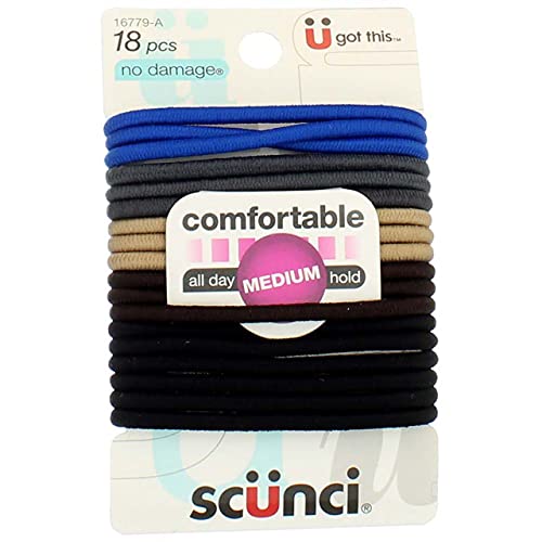 Scunci No Damage Elastics Blue, Gray, Tan, Dark Brown, Black Comfort Classic For All Day 18 Pcs (Pack of 2, 36 Pcs Total)
