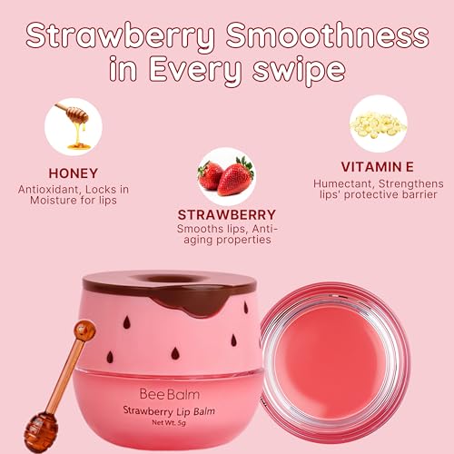 Original My Bee Balm Lip Balm - Strawberry Hydrating Balm Honey Pot for Dry, Chapped & Cracked Lips with Propolis, Honey & Vitamin E - Soften, Smooth & Reduce Lip Lines
