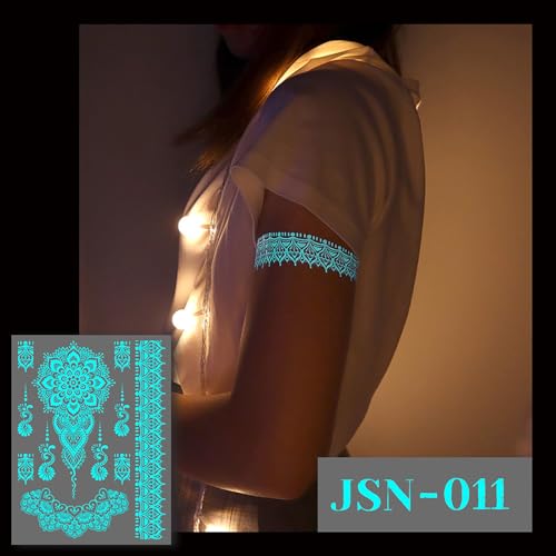 Glow-in Dark Temporary Tattoos Set- 6Sheets Luminous Flower Henna Fake Tattoo Sticker Sexy Lace Henna Waterproof Removable Tattoos for Face Body Night Tattoos Party Supplies Decoration(fluorescence)