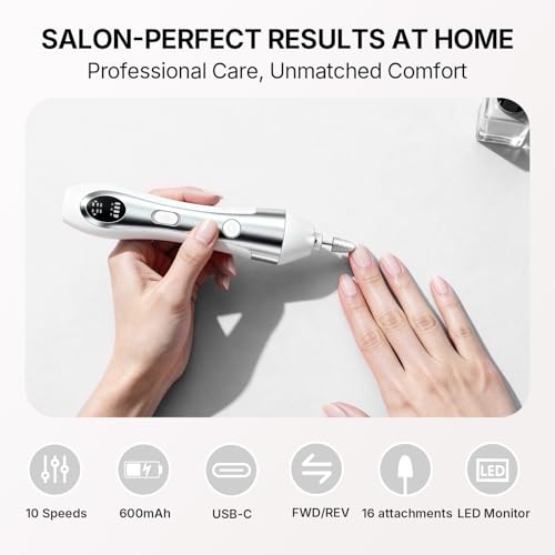 Nail Drill with LED Display ,Manicure Pedicure 10-Speed Cordless Electric Nails File,Rechargeable,10 in 1 Nail Drill Professional Ideal for Home, Beginners,Women