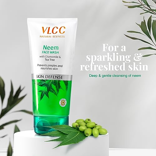 VLCC Neem Face Wash with Chamomile & Tea Tree | Anti-Acne Facial Cleanser with Soothing Properties | 5.07 Fl Oz/150 ml (Pack of 2)