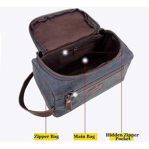 Toiletry Bag For Men Dopp Kit Durable Waxed Cotton Canvas With Leather Handle Toiletry Organizer Water-resistant Shaving Bag for Toiletries (Waxed Canvas, Grey)