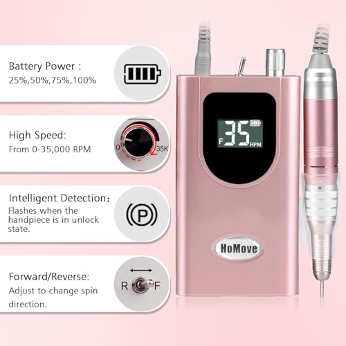 35000RPM Portable Nail Drill Machine, HoMove Professional Nail Drill Machine, Rechargeable Electric Efile Nail Drills for Acrylic Gel Nails, Cordless Portable Nails Drill¡¼Rose Gold¡½
