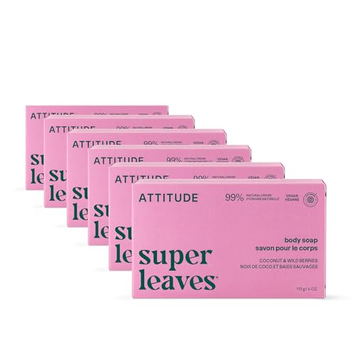 ATTITUDE Body Soap Bar, Natural Origin, Protects and Softens Dry Skin, Watercress, Indian Cress & Olive Oil, EWG Verified & Vegan, Coconut & Wild Berries, 4 Oz (Pack of 6)