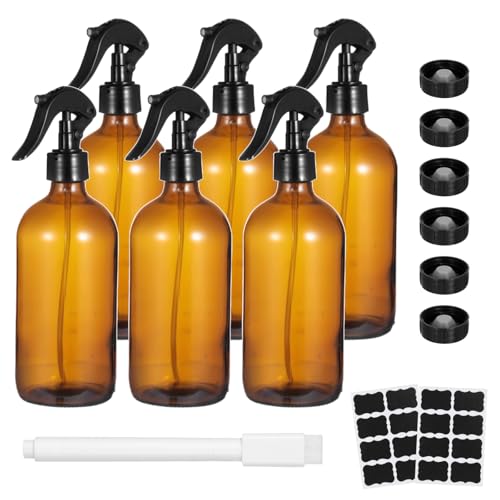 OMISTAR 6 Pcs 16 oz Amber Glass Spray Bottles for Cleaning - Empty Glass Spray Bottle Set with Labels and Pen, Refillable Container for Essential Oils, Trigger Sprayer, Adjustable Nozzl, Leakproof