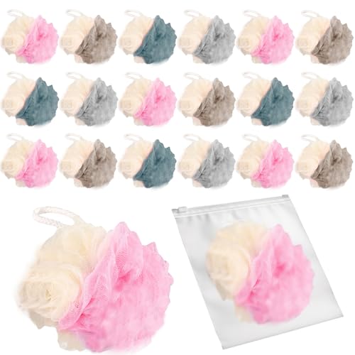 20 Pack Travel Loofah Individually Wrapped, Small Loofah Shower Puff, 30g Mini Bath Sponge Pouf Ball Body Sponges for Shower, Multicolor