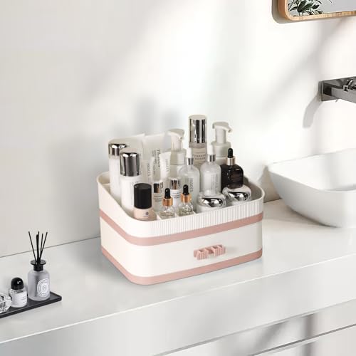 Large Makeup Organizer Countertop, Stackable Vanity Organizer with Drawer Cosmetic Organizer Tray, Make Up Organizers for Vanity, Makeup Storage Counter(Light Pink)
