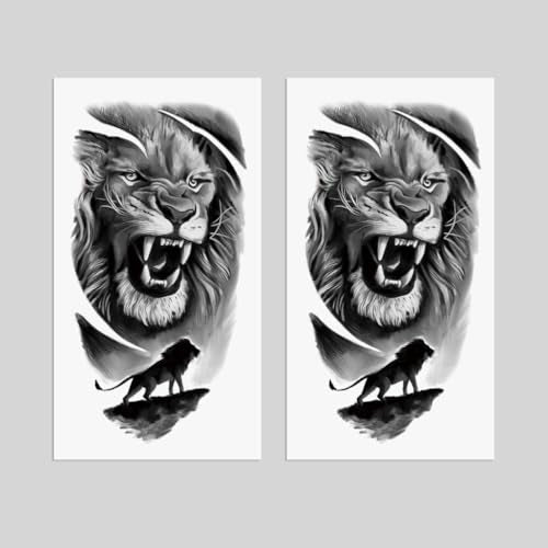2 Sheets Realistic Animal Temporary Tattoos Stickers Roar Lion Designs For Men Waterproof Arm Leg Fake Body Art, Gym & Parties Bold Masculine Decals