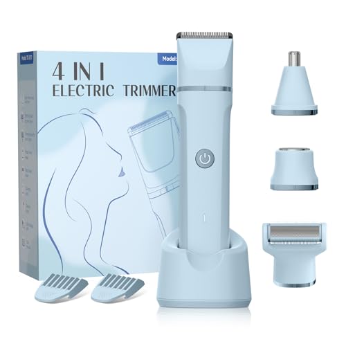 Electric Razors for Women ? 4 in 1 Bikini Trimmer with Replaceable Body, Facial, Nose & Foil Shaver Heads, IPX7 Waterproof Pubic Hair Remover, Rechargeable Grooming Kit for Shower & Travel (Blue)