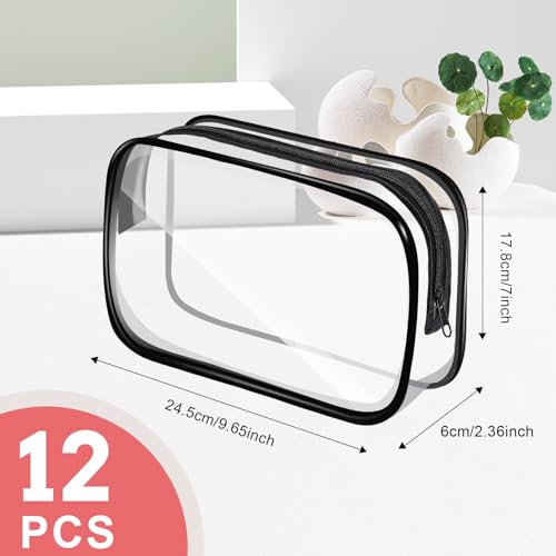 12 PCS Clear Makeup Bags,Clear Toiletry Bag,PVC Clear Cosmetic Bags with Zipper,Portable Transparent Toiletry Bags for Travel Women Men(Black,Large)