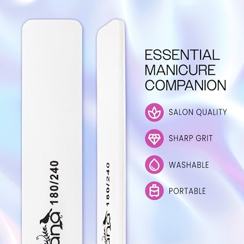 10PCS Jumbo Size PANA Professional Double Sided Nail Files - White, 180/240 Grit - Emery Board Nail Buffering File Manicure Pedicure Nail Polisher Washable