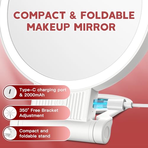 1X/30X Magnifying Mirror with Light and Adjustable Brightness, Makeup Mirror with 360¡Æ Rotation Adjustable Folding Handle, Portable Rechargeable Double Sided Mirrors, Foldable Vanity Mirror (white)