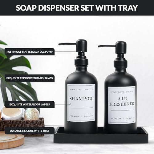 Ahill Soap Dispenser Set - Black Refillable Glass Bottle(2 PACK 16 Oz), Stainless Steel Pump, Waterproof Labels, Silicone Dry Tray - Upgrade for Your Kitchen and Bathroom