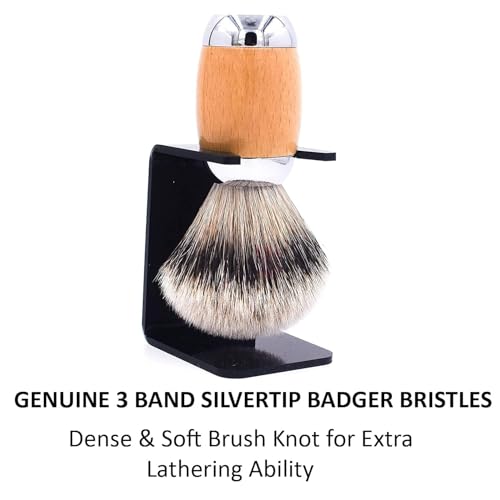 Taconic Shave's Extra Dense 100% 3-Band Silvertip Badger Luxury Shaving Brush ?Deluxe Beechwood and Chrome Handle - Shaving Stand Included
