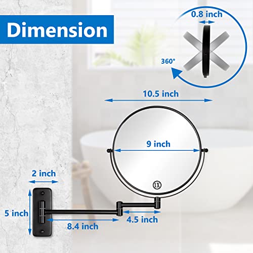 DECLUTTR 9 Inch Large Wall Mounted Makeup Mirror, 1X/10X Magnifying Mirror Double-Sided, 360¡Æ Swivel Extendable Makeup Mirror for Bathroom, Black