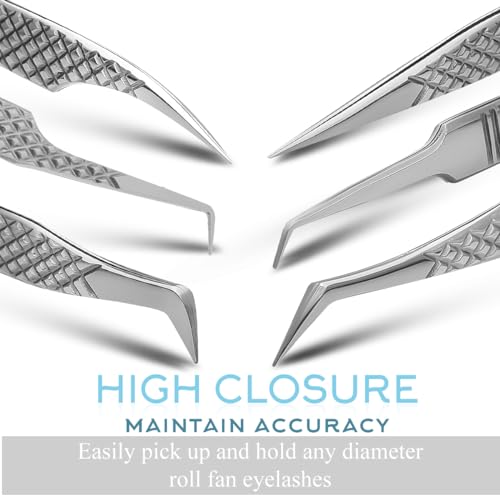 SIVOTE Eyelash Extension Tweezers Fiber Tips Japanese Steel, Set of 6 ? Curved, Dolphin, 90¡Æ 45¡Æ Volume Boot & Slight Curved Tweezer ? Professional Lash Tweezers for Lash Extensions Silver